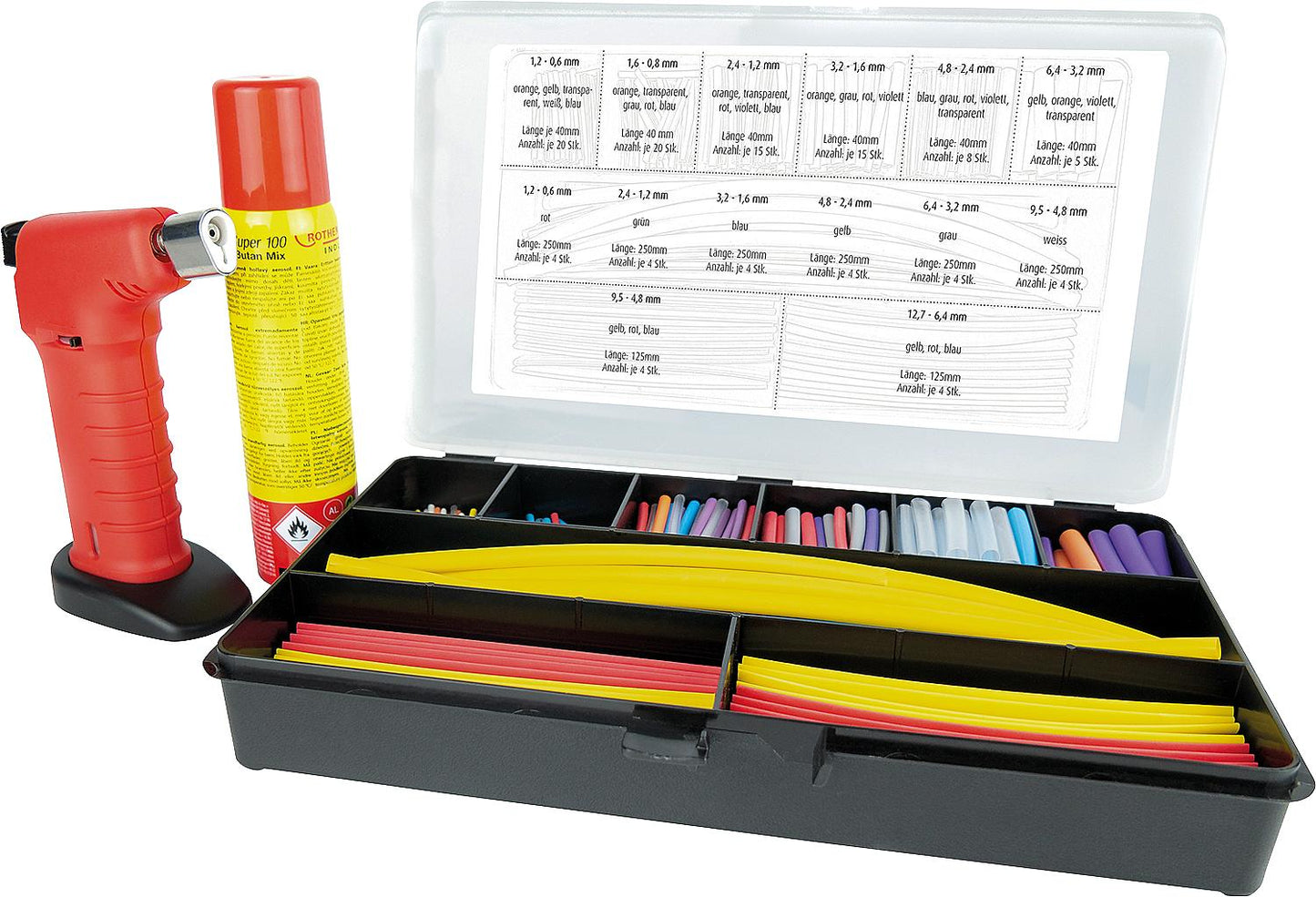 Assortment case for heat shrink tubing, including gas burner, 445 pieces, 270x173x40mm