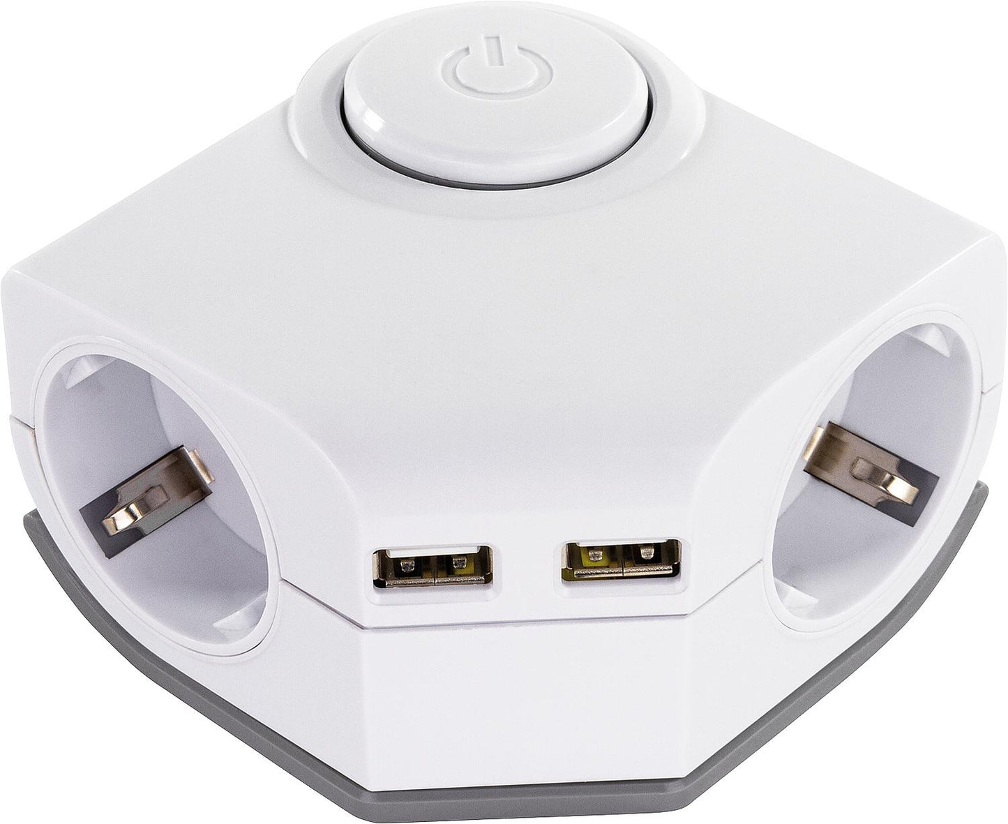 Double corner socket with 2 USB ports, switch, thermal protection and child safety lock