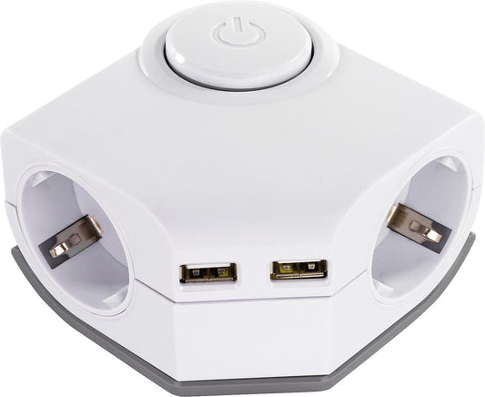Double corner socket with 2 USB ports, switch, thermal protection and child safety lock