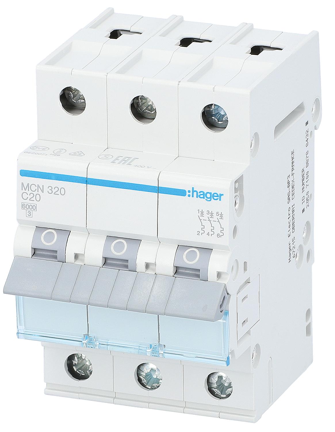 Hager B16A, 3-pole, 6kA circuit breaker