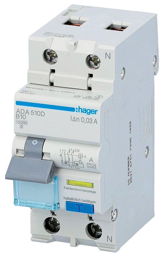 Hager 1p+N residual current circuit breaker (RCCB), type A, B10A, 30mA, 10kA, ADA510D