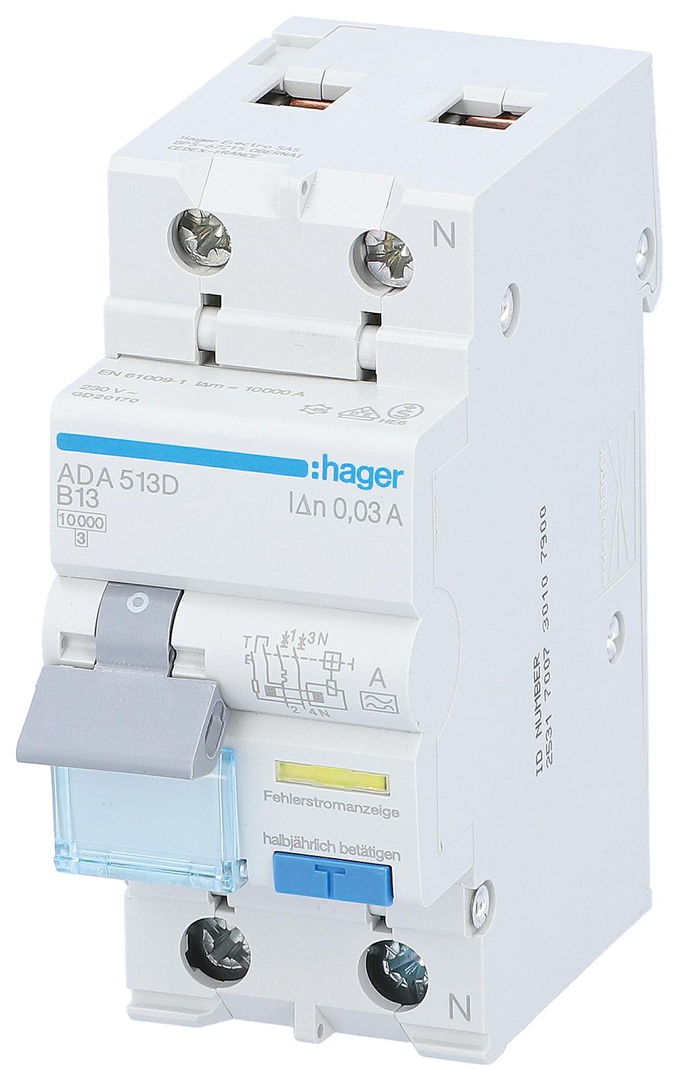 Hager 1p+N residual current circuit breaker (RCCB), type A, B10A, 30mA, 10kA, ADA510D