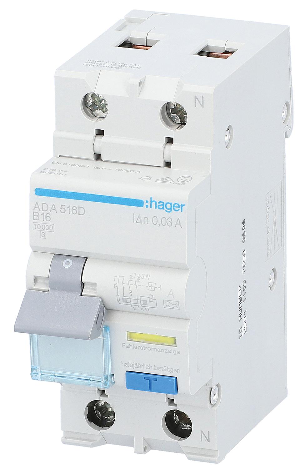 Hager 1p+N residual current circuit breaker (RCCB), type A, B10A, 30mA, 10kA, ADA510D