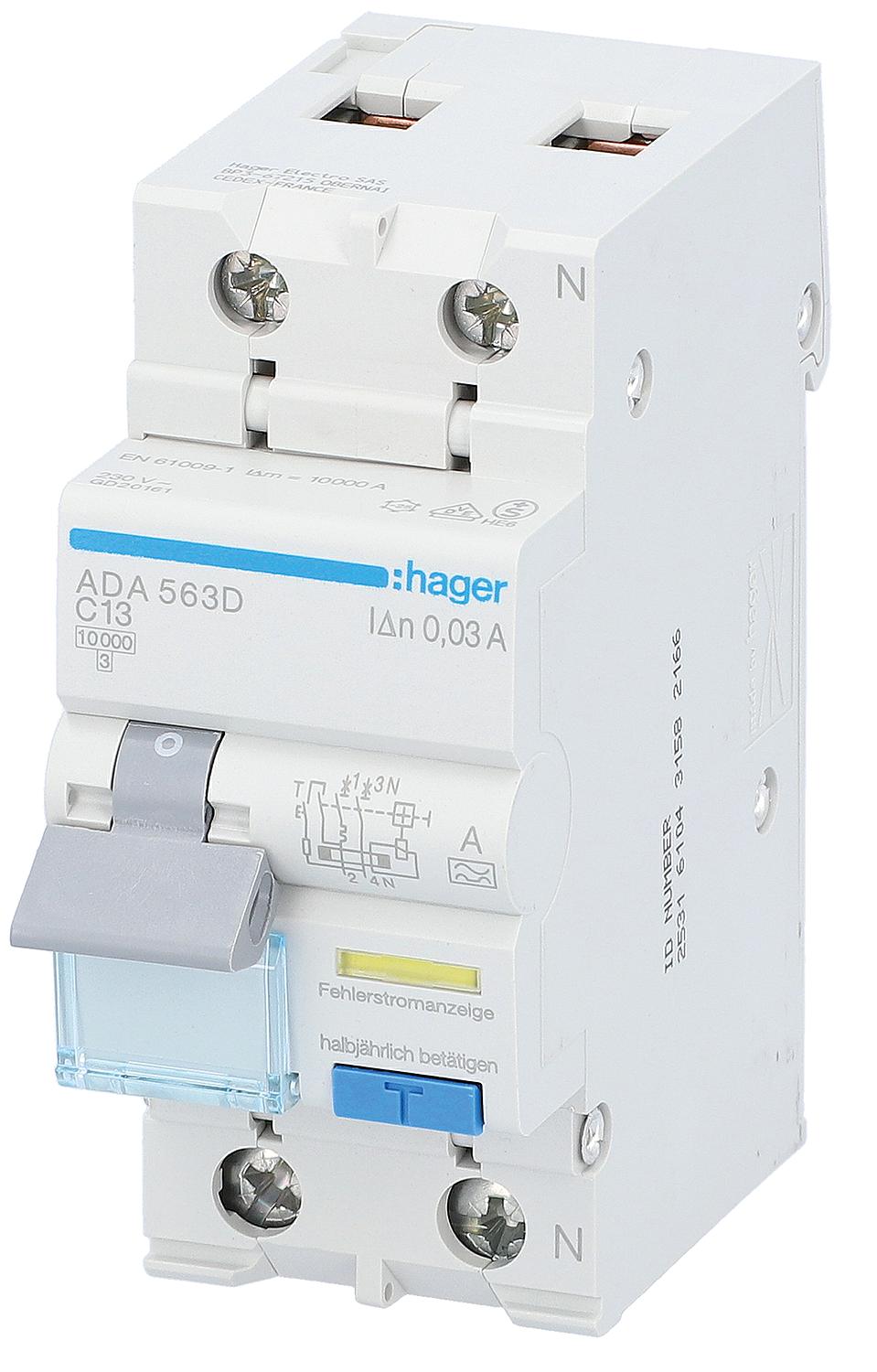 Hager 1p+N residual current circuit breaker (RCCB), type A, B10A, 30mA, 10kA, ADA510D