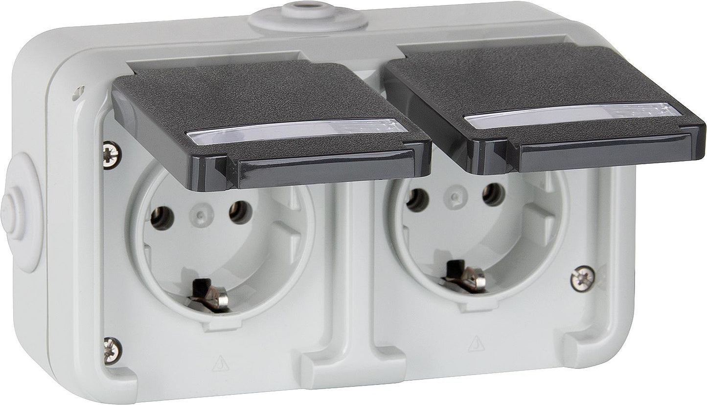 AP double socket PEHA IP44, Schuko, horizontal labeling, D 6632 WAB NA