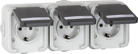 Surface-mounted 3-way socket PEHA IP44, Schuko, horizontal labeling, D 6633 WAB NA