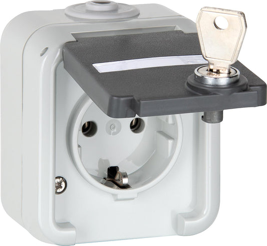 Surface-mounted socket outlet, single, PEHA IP44, Schuko, horizontal labeling, D 6620 WAB NA VS