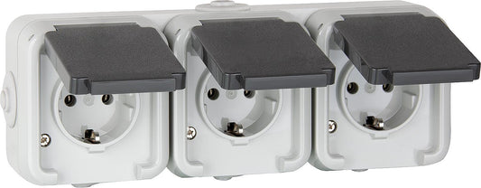 Surface-mounted 3-way socket PEHA IP44, Schuko, grey, horizontal, D 6633 WAB