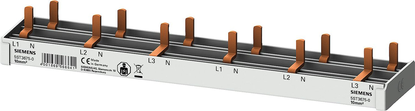 Busbar, 10mm² 3p/N for 6x AFDD + 6x 1p FI/LS Siemens 5ST3675-0 (12TE)