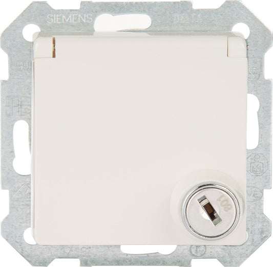 SCHUKO-Steckdose mit Klappdeckel titanweiss/ Schutzart IP20 m. Berührungsschutz+Schloss/1 Stk.