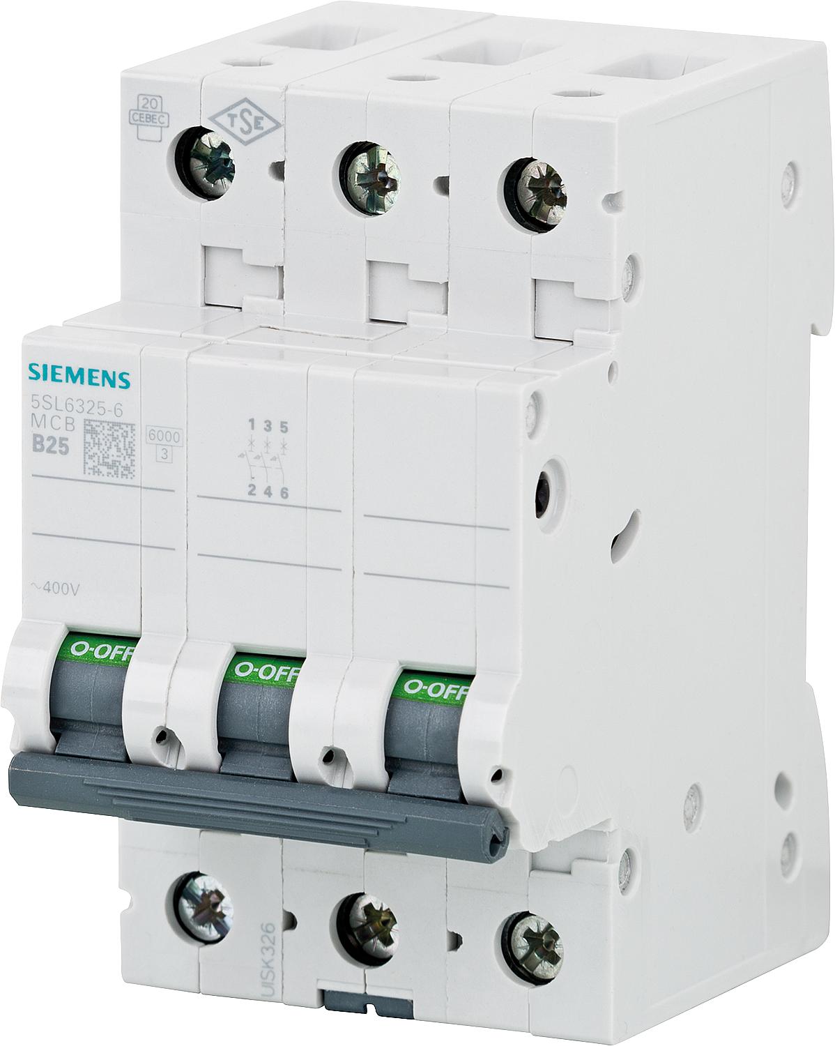 Siemens miniature circuit breaker, 6 kA, 3-pole, C25 A, 5SL6325-7