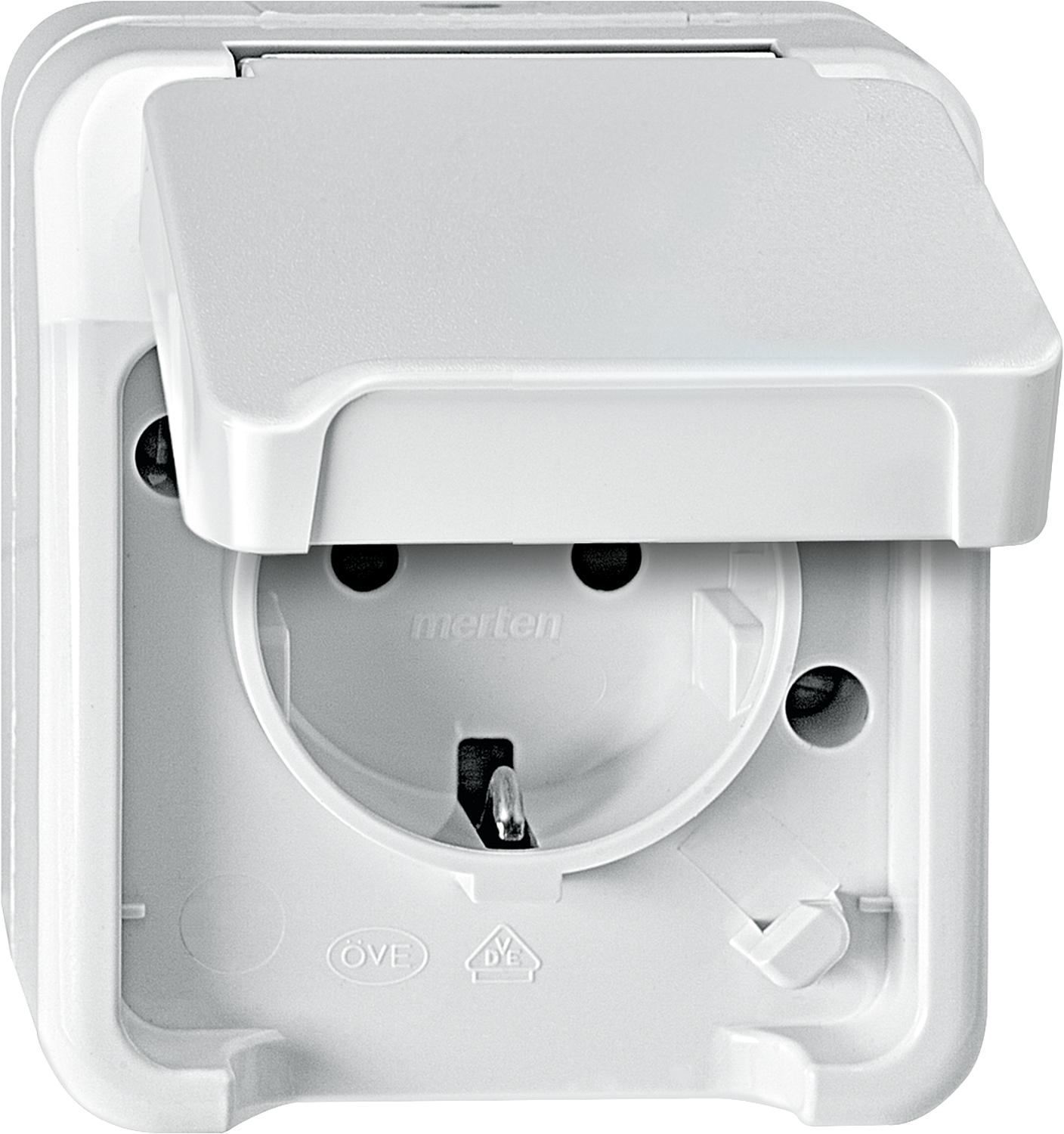 Merten Aquastar Schuko socket, IP44, surface-mounted, light grey, touch protection, 1 piece