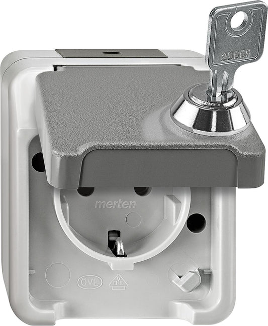 Merten Aquastar Schuko socket, IP44, surface-mounted, light grey, lockable, 1 piece