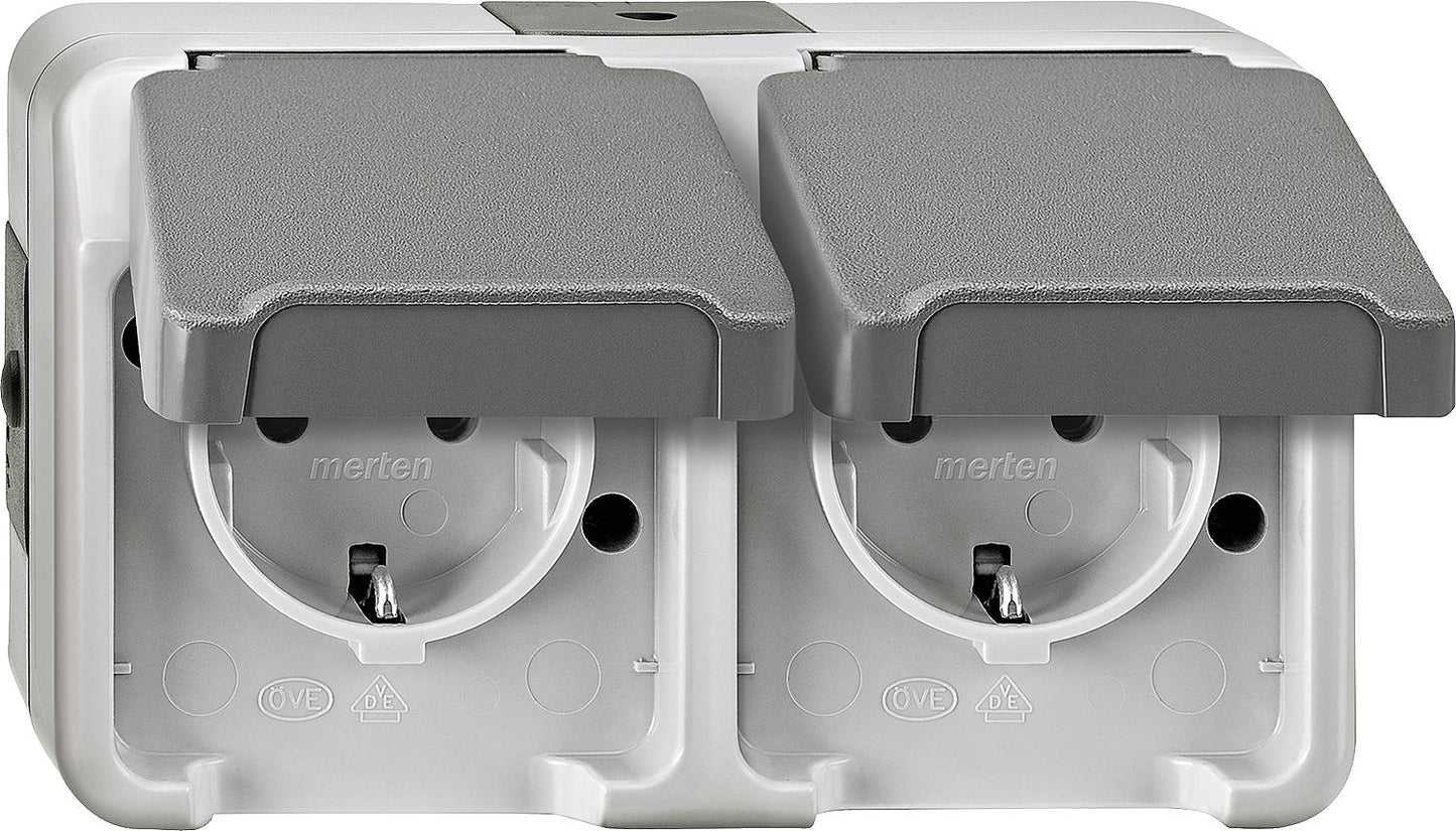 Schuko double socket Aquastar Merten, IP44, surface mounted, light grey, horizontal, 1 piece