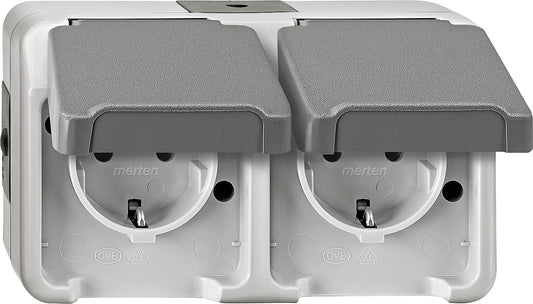 Schuko double socket Aquastar Merten, IP44, surface mounted, light grey, horizontal, 1 piece