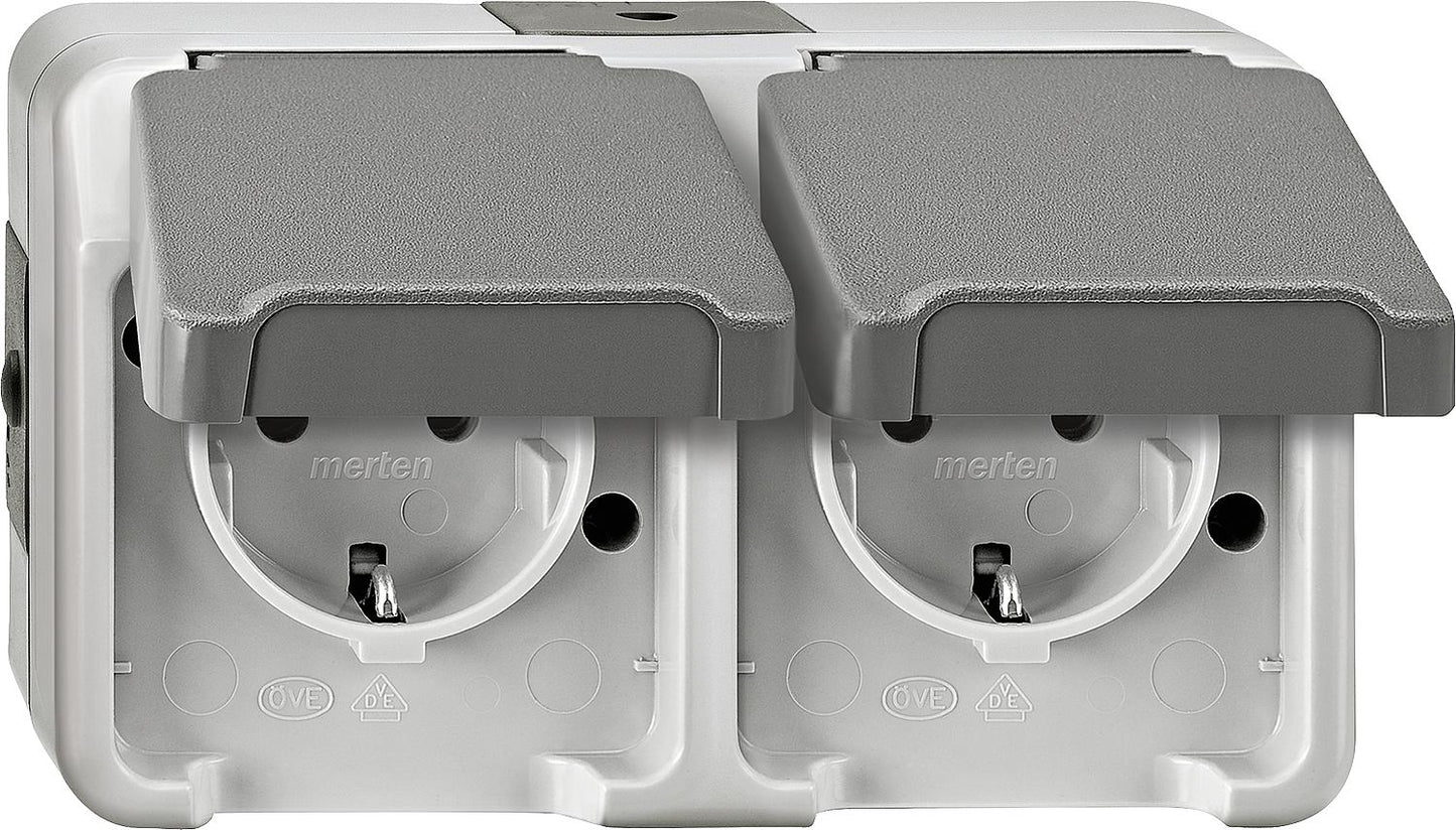 Merten Aquastar double Schuko socket, IP44, surface-mounted, light grey, touch protection, 1 piece