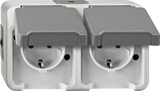 Merten Aquastar double Schuko socket, IP44, surface-mounted, light grey, touch protection, 1 piece