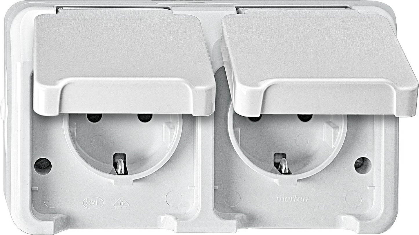 Merten Aquastar double Schuko socket, IP44, surface-mounted, light grey, touch protection, 1 piece