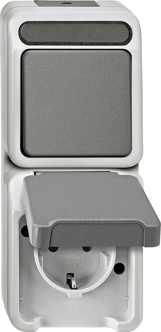 Schuko socket/changeover switch Aquastar Merten, light grey, IP44, surface-mounted, 1 piece
