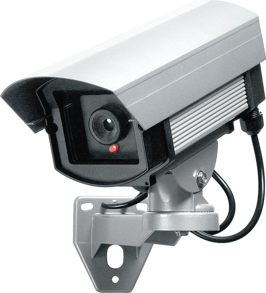 Aluminum dummy camera for outdoor use, with LED flashing light including warning sticker