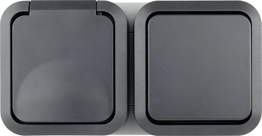 Interrupteur combiné marche/arrêt/inverseur AquaStorm avec prise, horizontal, montage en saillie, gris