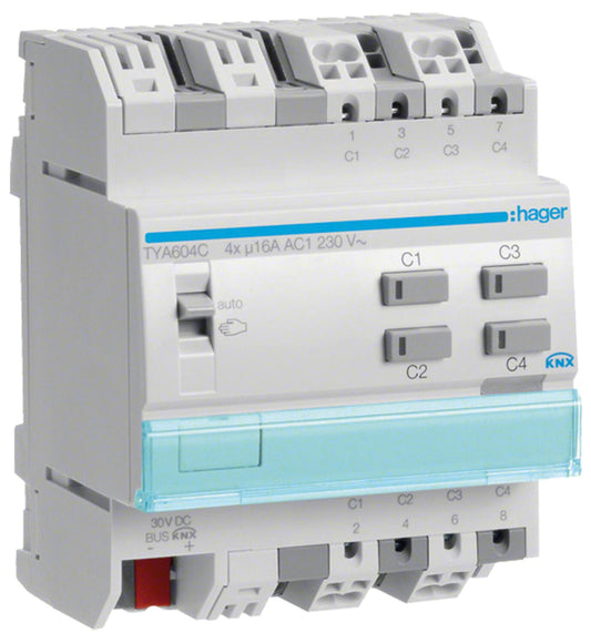 Hager switching actuator for blinds, 4/2-fold, 16A, KNX, DIN rail mount TYA604C