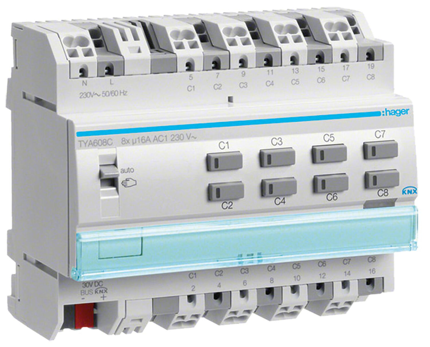 Hager switching actuator for blinds, 4/2-fold, 16A, KNX, DIN rail mount TYA604C