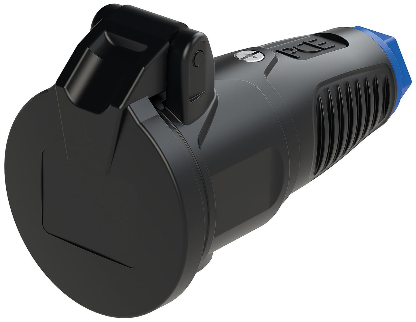 Protective contact coupling with hinged cover, solid rubber (blue/black)