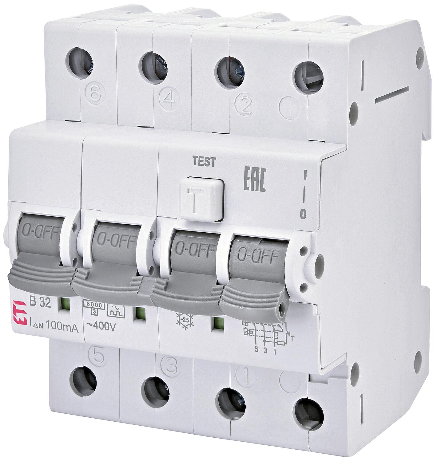 FI/LS switch KZS-4M, 3-pole+N, B16A, 30mA, 6kA, type A