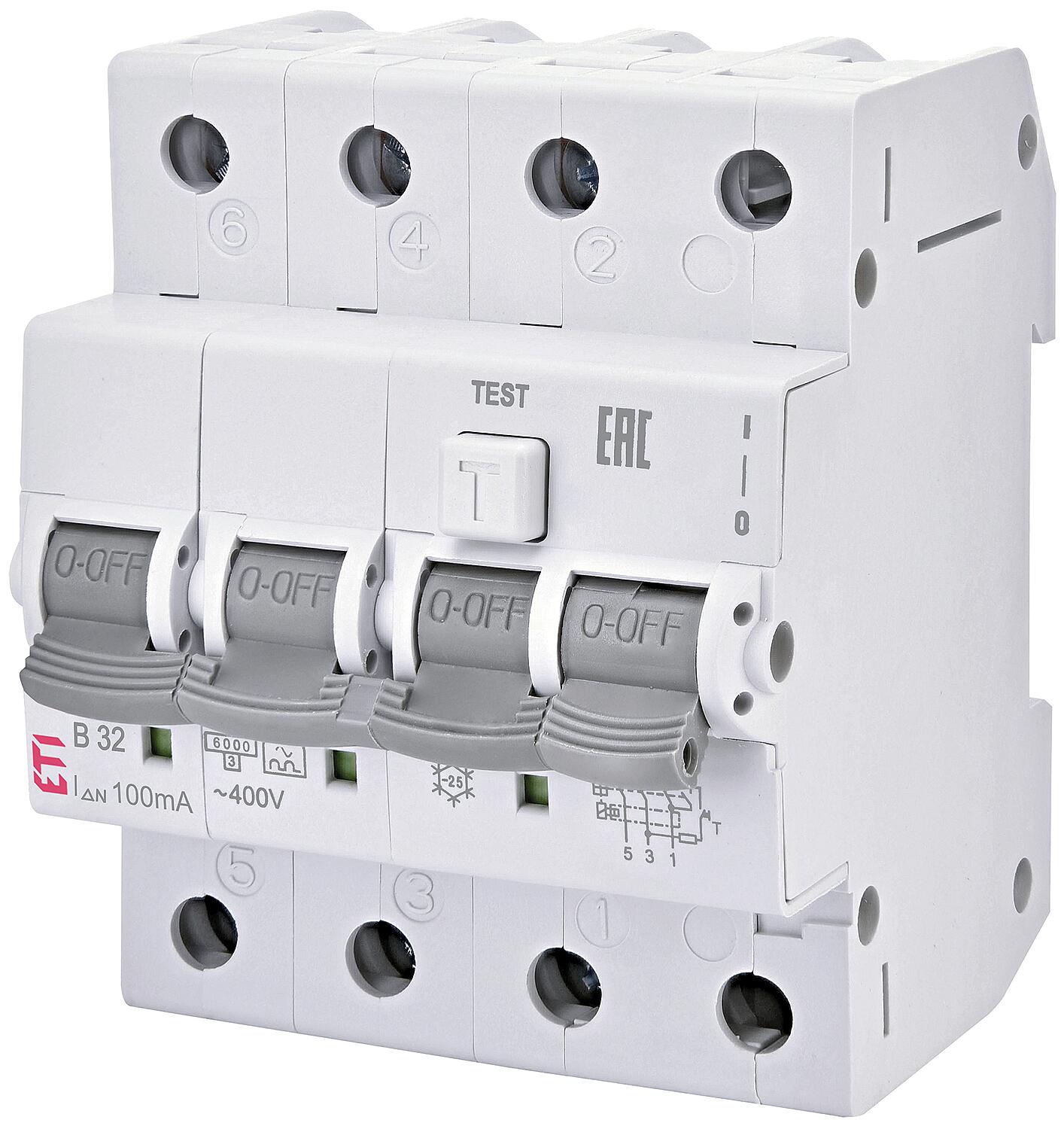 FI/LS switch KZS-4M, 3-pole+N, B16A, 30mA, 6kA, type A