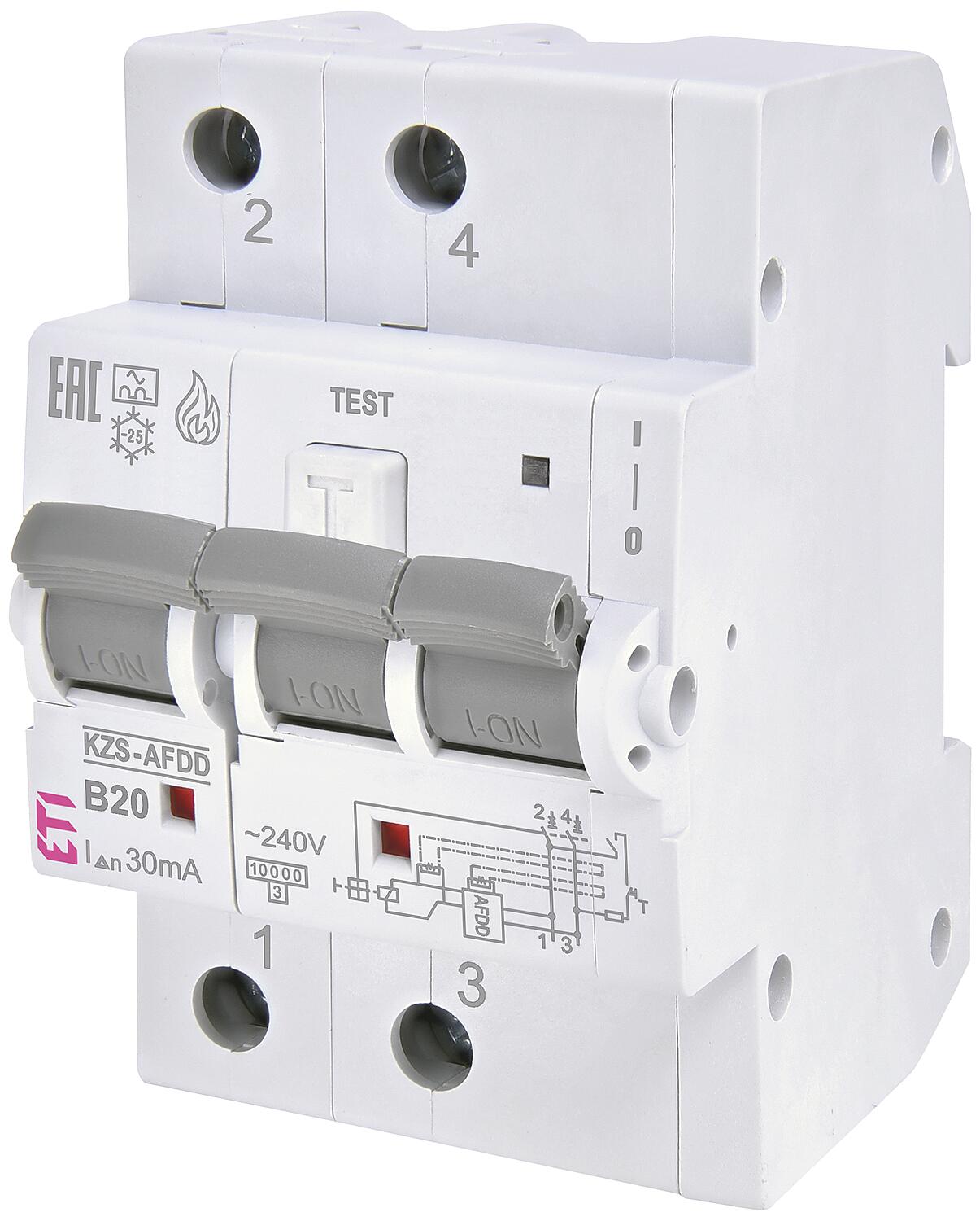 ETI arc fault detection device KZS-AFDD 3M2p, 2-pole, type A, B10 / 0.03A, instantaneous, DIN rail mount