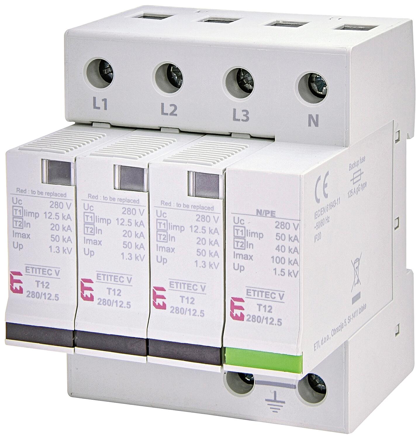 ETI surge arrester ETITEC V T12 280/12.5 3+0 RC, REG