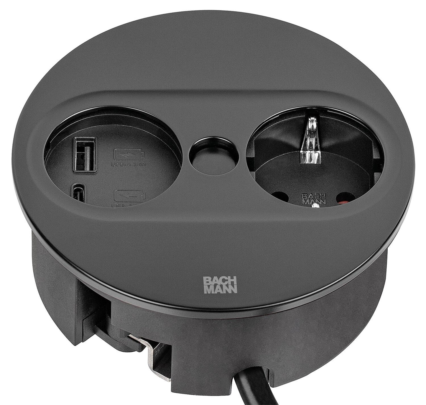 Bachmann TWIST 2 table socket, 1x Schuko, 1x USB-A/-C charger, matte black, square
