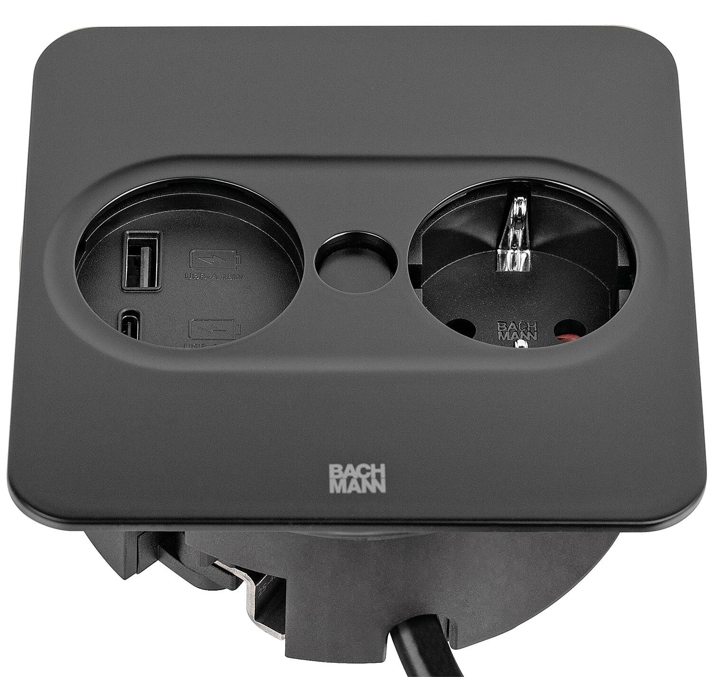Bachmann TWIST 2 table socket, 1x Schuko, 1x USB-A/-C charger, matte black, square