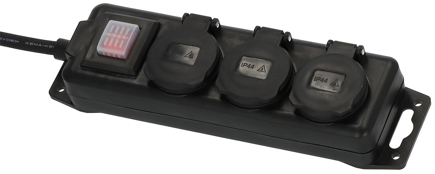 Standard 3-way power strip, 2m H07RN-F3G1.5 black, with switch, IP44