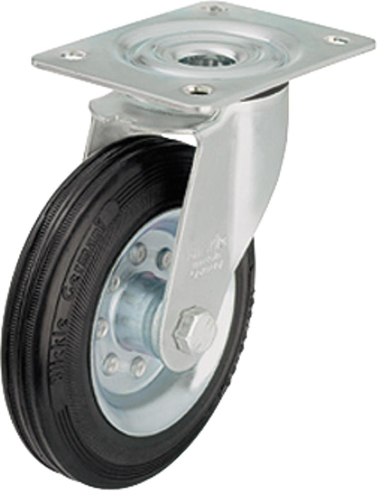 Solid rubber swivel caster with steel rim, LE-VE 80R, load capacity 50kg, wheel diameter 80mm, plate size 100x85mm