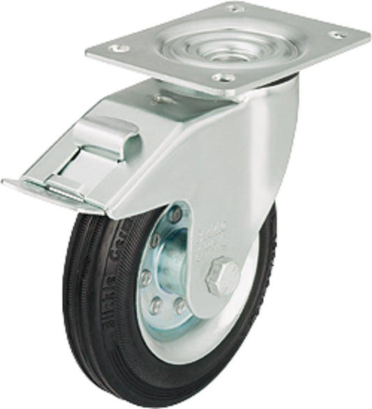 Solid rubber swivel caster with brake LE-VE 80R-FI, load capacity 50kg, wheel Ø 80mm, plate size 100x85mm