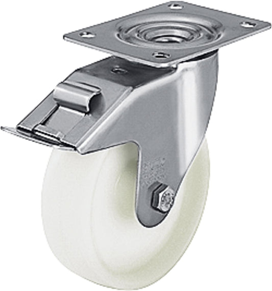 Swivel caster polyamide/stainless steel/brake LEX-PO 80G-FI, load capacity 150kg, wheel Ø 80mm, plate size 100x85mm