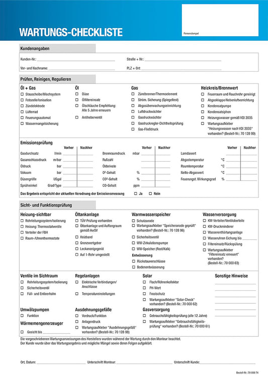 Maintenance checklist pad, 25 sheets with carbon copy