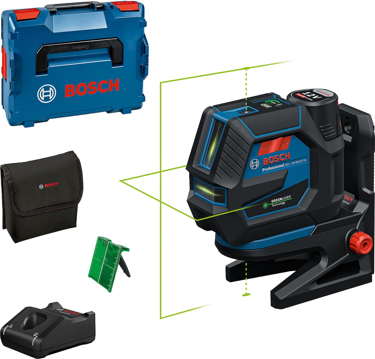 Bosch GCL 12V-50-22 CG 12V cordless cross line laser with 1x 2.0 Ah battery and charger