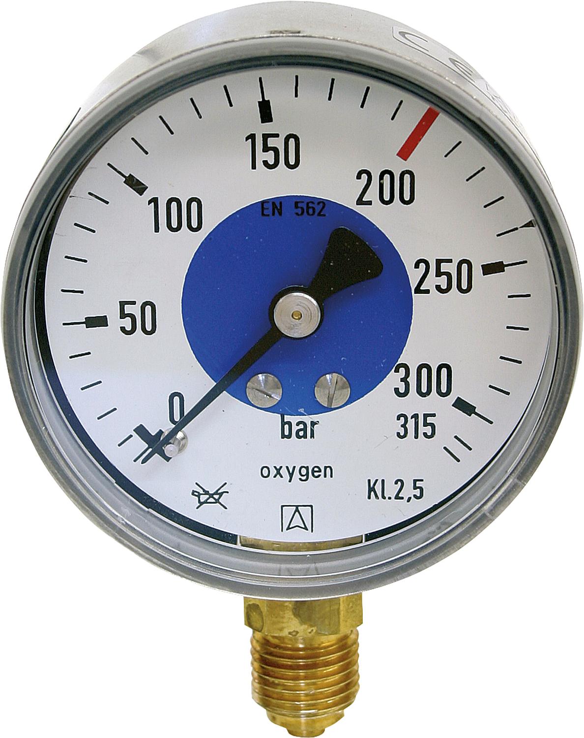 Rohrfeder-Manometer, Schweißtechnik, ø 63 mm, DN 8 (1/4") radial, Aufschrift „oxygen“