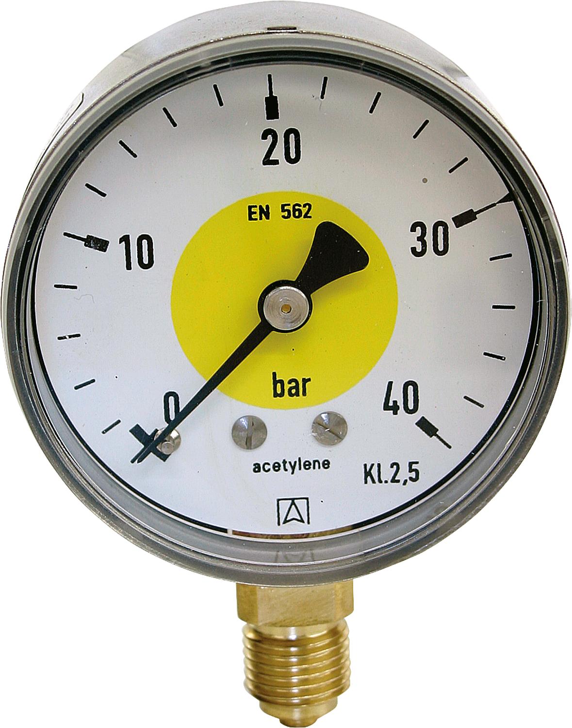 Rohrfeder-Manometer, Schweißtechnik, ø 63 mm, DN 8 (1/4") radial, Aufschrift „acetylene“