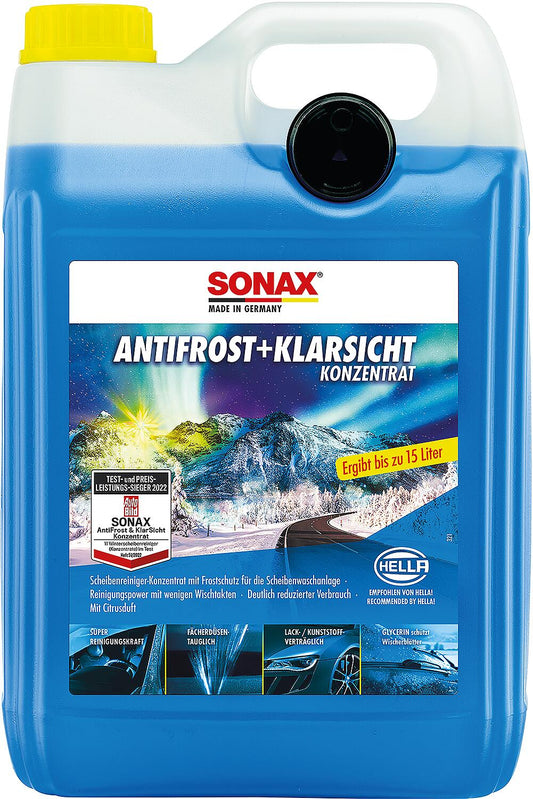SONAX AntiFrost + Clear View Concentrate Citrus Winter Windscreen Cleaner, 5L Canister with Pouring Spout