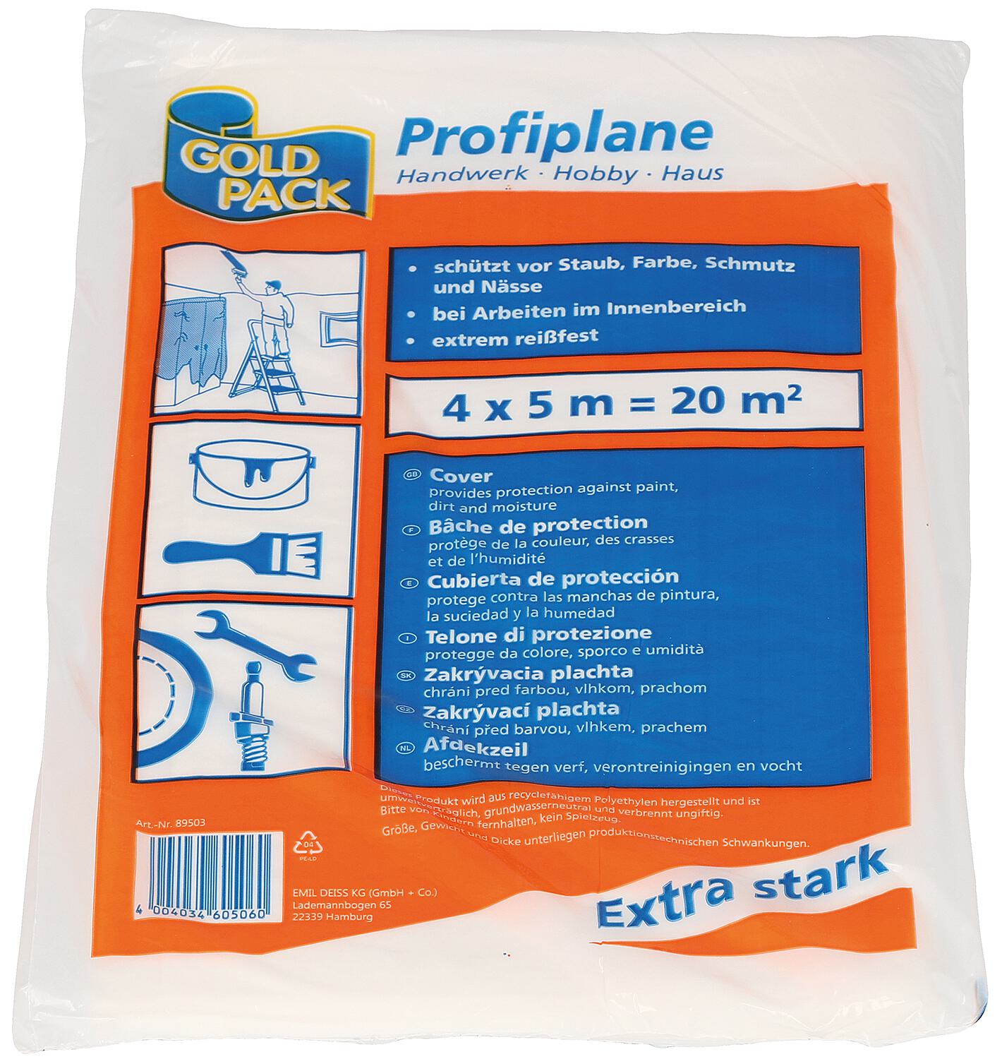 Bâche professionnelle en PEHD, 4 x 5 mètres, 20 m², conditionnée à l'unité.