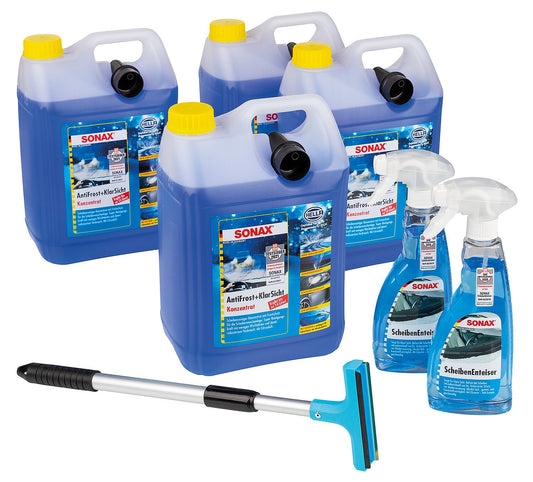 Kit d'action hivernale : 4 flacons de lave-glace concentré, 2 flacons de dégivrage pour pare-brise et 1 grattoir à glace