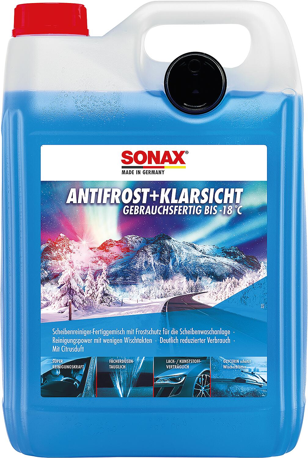 SONAX AntiFrost + ClearView Winter Windscreen Cleaner down to -18°C Citrus 5l Canister with Pouring Spout