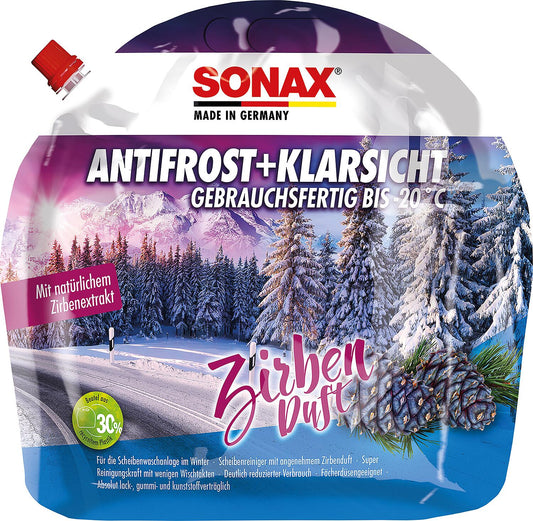 Liquide lave-glace d'hiver SONAX AntiFrost + ClearView, jusqu'à -20 °C, parfum pin suisse, bidon de 3 litres.