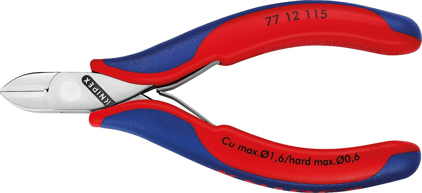 Electronic side cutters, round head with bevel and wire clamp, length 115mm