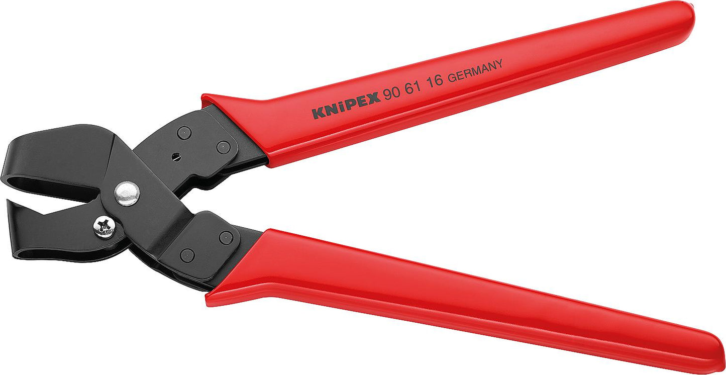 Blued steel notching pliers with plastic handle grips, 250mm long, 16x32mm