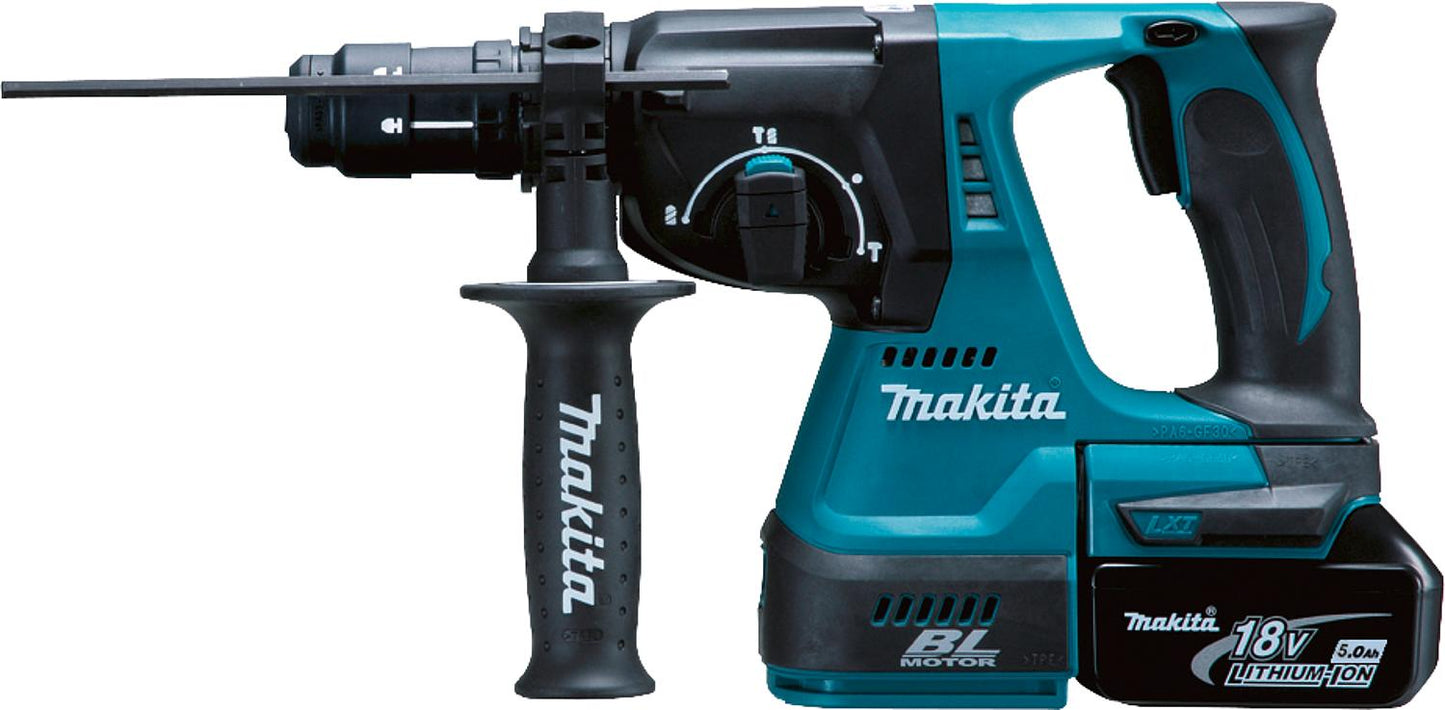 Makita DHR243RTJ 18V cordless rotary hammer drill with 2 x 5.0 Ah batteries and charger